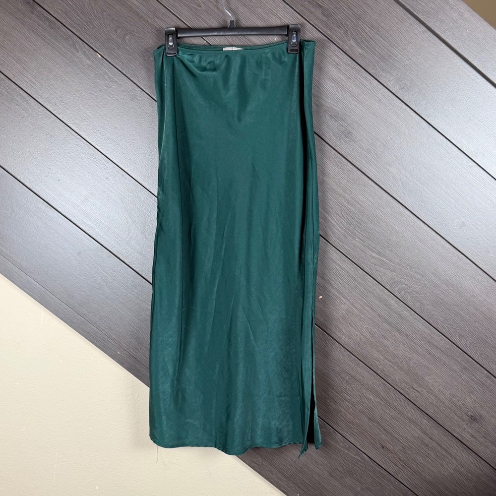 Maurices Women's Satin Maxi Skirt Large Green Elastic Waist Side Slit Y2K